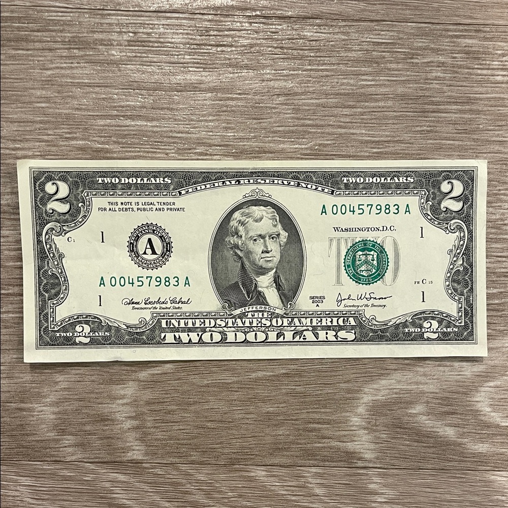$2 Bill Rare Uncirculated 2003 Series A Low Serial Number A #A00457983A